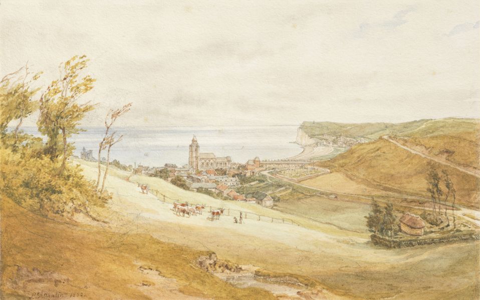 Paysage de Normandie avec la ville d'Eu et sa collégiale à l'arrière-plan