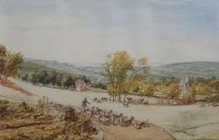 Paysage de prairies normande avec à l'arrière-plan la vil...