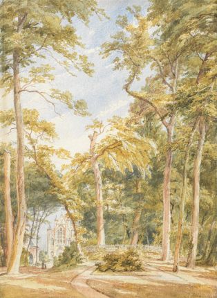 Paysage de forêt avec au loin la façade de la collégiale d'Eu ; © Le Réverbère / Mulhouse ; © Musée Unterlinden