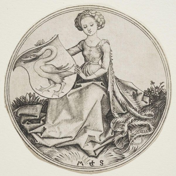 Armoiries - Une jeune femme tenant un écu au cygne
