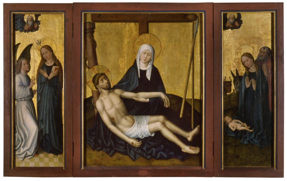 Retable de Stauffenberg : Annonciation, Vierge de Pitié, Nativité ; Saint Jean et la Vierge, Crucifixion aux donateurs (revers des volets)