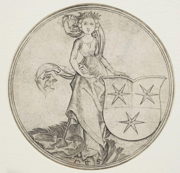 Armoiries - Une jeune femme tenant un écu aux trois étoiles