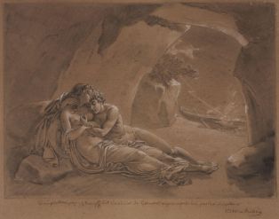 Scène mythologique : couple dans une grotte, au loin une barque enflammée
