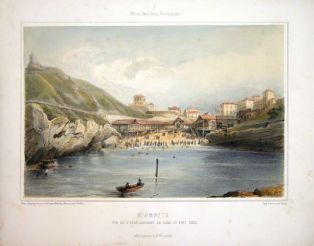 lithographie ; Biarritz, vue de l'établissement de bains du Port Vieux Album des deux frontières