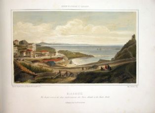 lithographie ; Biarritz, vue du port vieux et des deux établissements Album des deux frontières