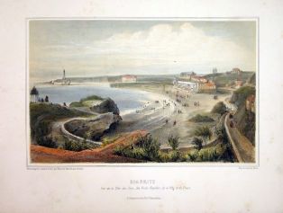 lithographie ; Biarritz, vue de la Côte des Fous, des Bains Napoléon, de la Villa et du Phare Album des deux frontières