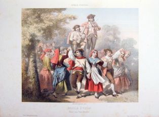 lithographie ; Costumes des Pyrénées Branle d'Ossau, Danse aux Eaux-Bonnes