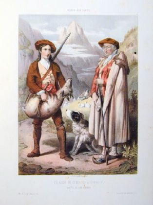 lithographie ; Costumes des Pyrénées Chasseur d'isard et berger