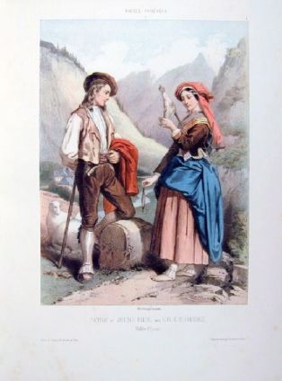 lithographie ; Costumes des Pyrénées Pâtre et jeune fille des Eaux Chaudes
