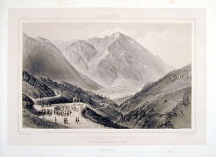 lithographie ; Souvenirs des Pyrénées Eaux-Bonnes, vallée d'Ossau du côté de Laruns