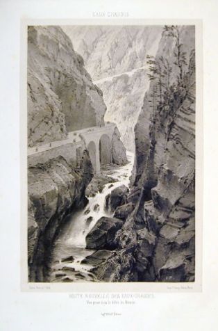 lithographie ; Souvenirs des Pyrénées Route nouvelle des Eaux-Chaudes