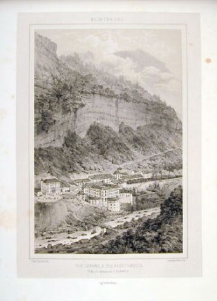 lithographie ; Souvenirs des Pyrénées Vue générale des Eaux-Chaudes