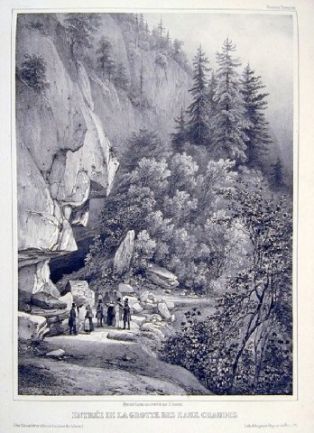 lithographie ; Souvenirs des Pyrénées Entrée de la grotte des Eaux-Chaudes