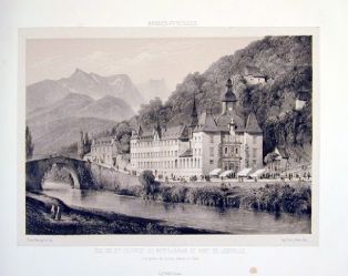 lithographie ; Souvenirs des Pyrénées Eglise du couvent de Bétharram et pont de Lestelle