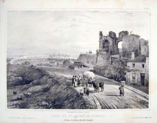 lithographie ; Souvenirs des Pyrénées Pont de Saint-André-de-Cubzac et ruines du château des Quatre fils Aymond