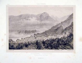 lithographie ; Souvenirs des Pyrénées Les Eaux-Bonnes et la montagne verte