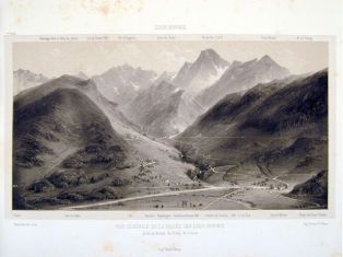 lithographie ; Souvenirs des Pyrénées Eaux-Bonnes, vue générale de la vallée