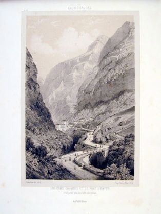 lithographie ; Souvenirs des Pyrénées Les Eaux Chaudes et le pont d'Enfer