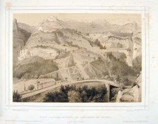 lithographie ; Souvenirs des Pyrénées Pont d'Enfer, avenue et cascade de Guist