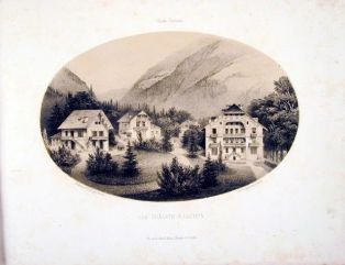 lithographie ; Souvenirs des Pyrénées par Gorse Les châlets à Luchon