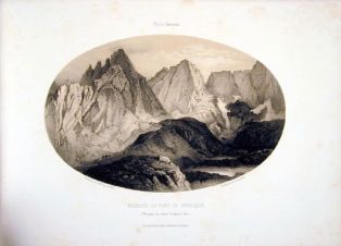lithographie ; Souvenirs des Pyrénées par Gorse Passage du port de Venasque (vue prise au-dessus des quatre lacs)