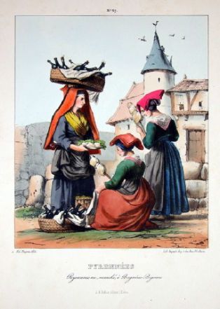 lithographie ; Album des Costumes des Pyrénées Pyrénées / Paysannes au marché à Bagnères-Bigorre