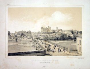 lithographie ; PAU / VUE PRISE DU PONT DU GAVE Souvenirs des Pyrennées, 1853