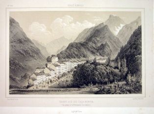 lithographie ; EAUX-BONNES / GRANDE RUE Souvenirs des Pyrennées, 1853