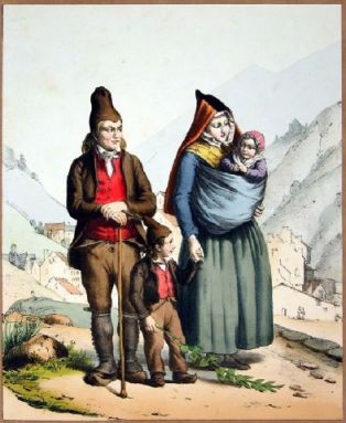 lithographie ; Une famille de Barèges Souvenirs des Pyrennées, 1853