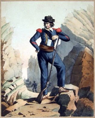 lithographie ; Garde de la Douane espagnole au port Dévenasque Souvenirs des Pyrennées, 1853