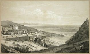lithographie ; Vue des bains du Port vieux près Biarritz Souvenirs des Pyrennées, 1853