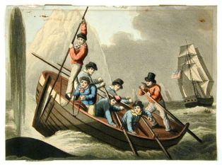 lithographie ; Approche de la baleine, pêche au harpon