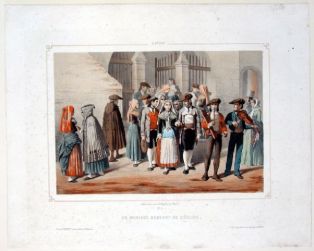 lithographie ; LARUNS / UN MARIAGE SORTANT DE L'EGLISE