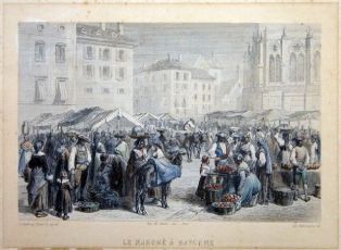 lithographie ; Le marché à Bayonne