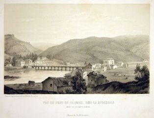 lithographie ; Vue du pont de Béhobie sur la Bidassoa Album des deux frontières/ ESPAGNE