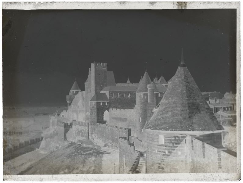 plaque de verre photographique ; Carcassonne - Cité et château