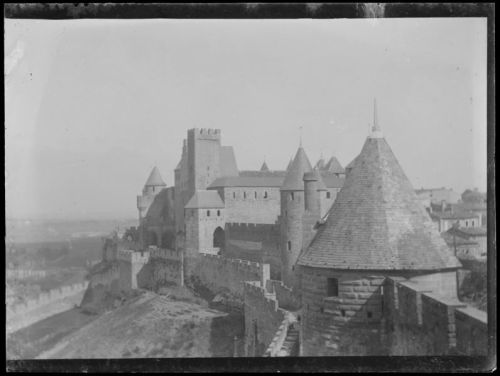 plaque de verre photographique ; Carcassonne - Cité et château