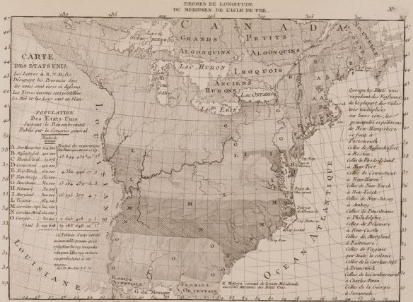 Carte des Etats Unis (titre inscrit) ; Carte historique de l'établissement des Européens aux États-Unis (titre factice)
