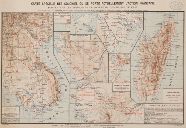 Carte spéciale des colonies où se porte actuellement l'action française (titre inscrit)