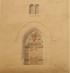 Projet pour la porte d'entrée de l'Hôtel de Ville - Dessin de Viollet-le-Duc (c) Archives Municipales de Narbonne 1 M 6 ; © BIRAL Laurie ; © Ville de Narbonne