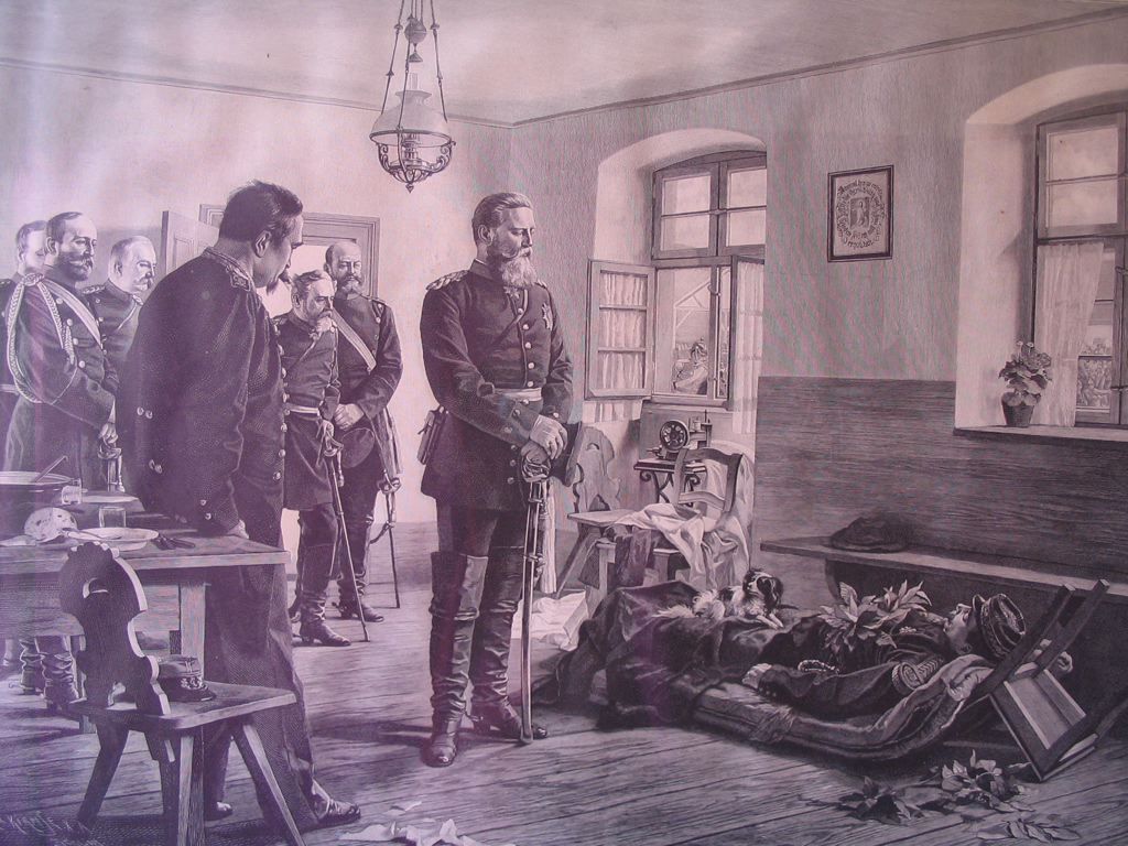 Kronprinz Friedrich Wilhelm an der Leiche des Generals Abel Douay bei Weissenburg.