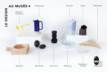 PHoto de famille des 10 objets design créés pour les 10 musées de la Conservation des musée : savon, stabile, saladier, jeu de brique-pense bête, porte savon, etc.
