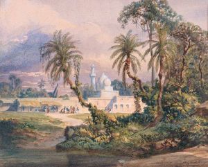 Auguste Borget, Environs de Dacca, Bengale, vers 1840, aquarelle sur papier et rehauts de gouache blanche, musée de l'hospice Saint-Roch, Issoudun