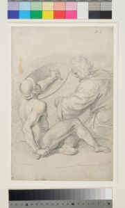 Guerrier nu armé d'un glaive, portant un bouclier renversé à terre, à ses côtés un vieillard vêtu d'une robe ; Dessin ; Etude (1900.13.1 ; 1535 (Inventaire B))