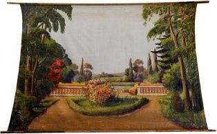 toile de fond ; toile de fond double-face ; Toile de fond représentant un parc (1987.1214)