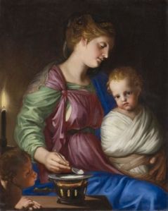 tableau ; La Vierge donnant la bouillie à l'enfant Jésus, avec un angelot soufflant sur le réchaud (2008.3.1 ; MR 2473 ; inv 7971)