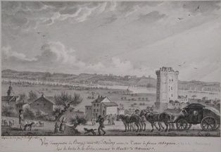 Vue d’une partie du bourg (cidevant ville) d’Oudon avec sa Tour de forme otogone, vis à vis chantoceaux, / sur les bords de la Loire, venant de Nantes à Ancenis. (titre inscrit) (M 2781 A 47)
