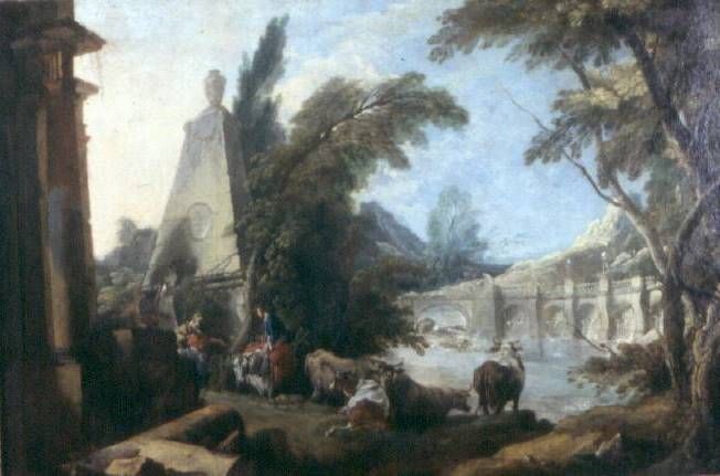 tableau, Paysage pastoral avec obélisque