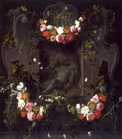 Cartouche avec Pietà et guirlandes de fleurs
