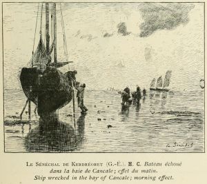 Bateau échoué dans la baie de Cancale, d'après Gustave Edouard LE SENECHAL DE KERDREORET, gravure, 1892 ; © Internet Archive (https://archive.org)